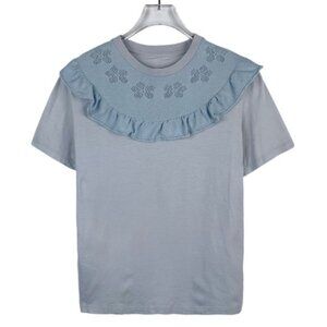 Miu Miu Blue Round Neck Short Sleeve T-Shirt With Ruffled Hollow Design Made In
